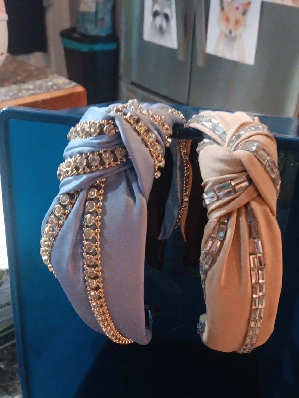 Embellished Knotted Satin Headbands in Light Blue and Beige